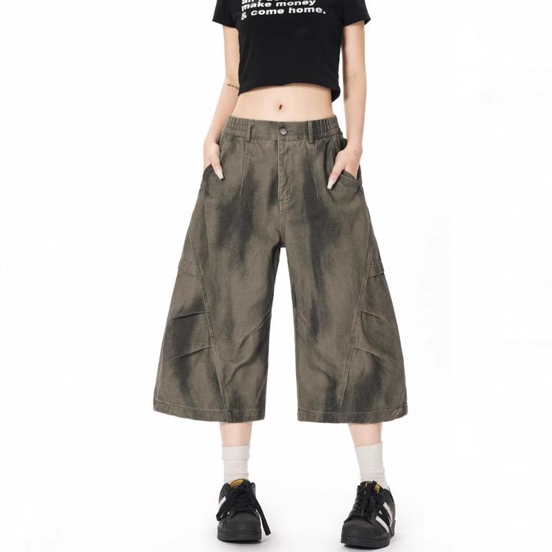 Washed Ink Splashing Dirty Dyed Pleated Tooling Shorts Men's and Women's Retro Loose Wide-leg Couple Jeans
