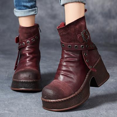 Moda GKTINOO Botas de Motocicleta para Mujer Cuero Genuino 2025 Nuevo Cremallera Punta Redonda Zapatos de Mujer Costura Hecho a Mano Retro Tobillo Plataforma Botas