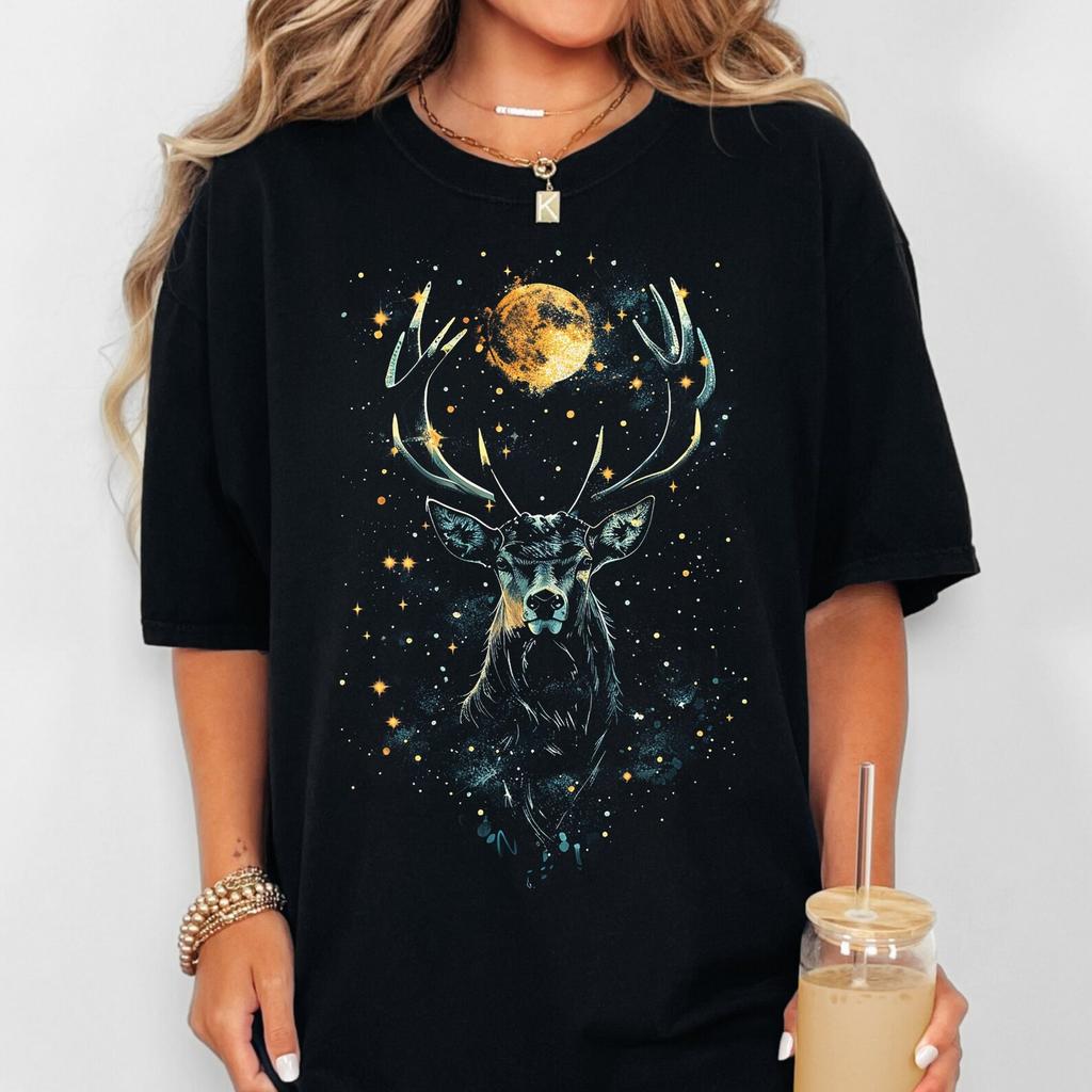 Celestial Deer T-Shirt: Witchy Moon Stag, Mystical Forest Graphic