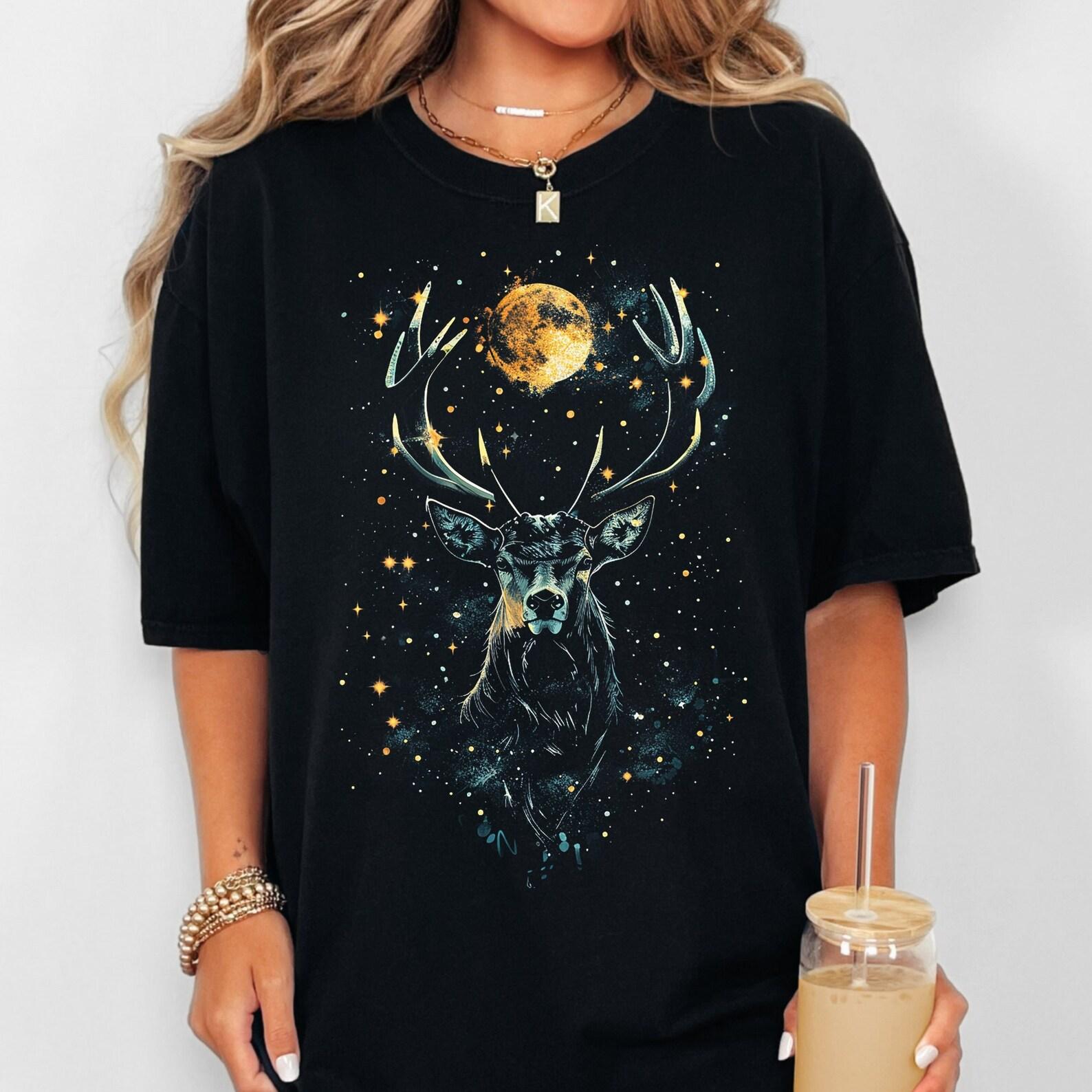 Celestial Deer T-Shirt: Witchy Moon Stag, Mystical Forest Graphic XL