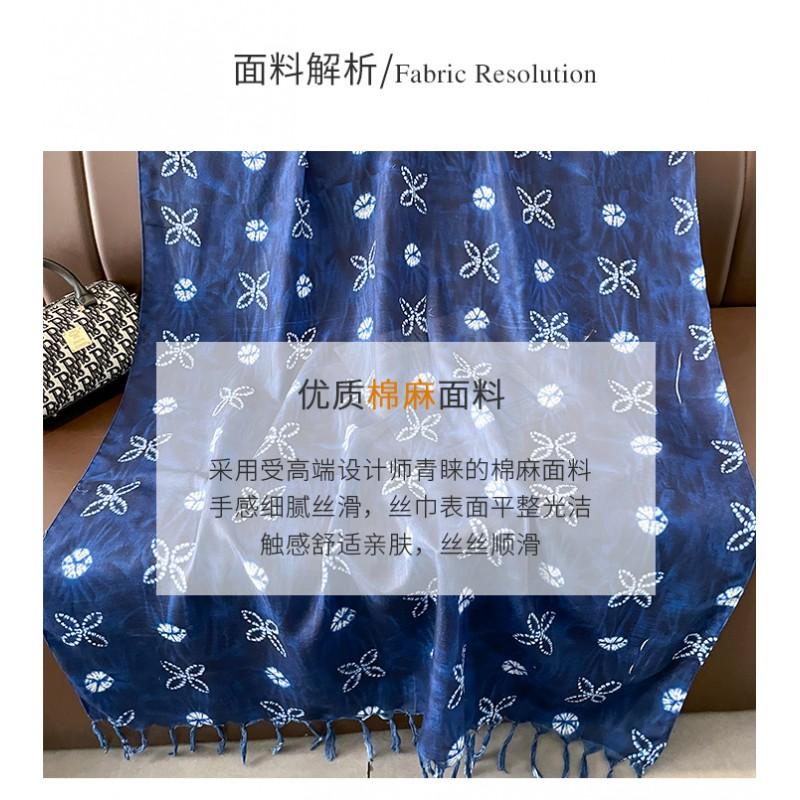 Long Cotton Linen Scarf Women Hand-Dyed Blue Indigo Wrap Shawl 180x90cm Lightweight Accessory