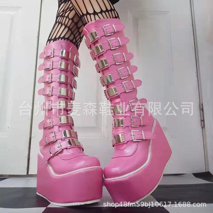 Buckle-up platform boots gothic wedge heels high boots female punk babes knight boots