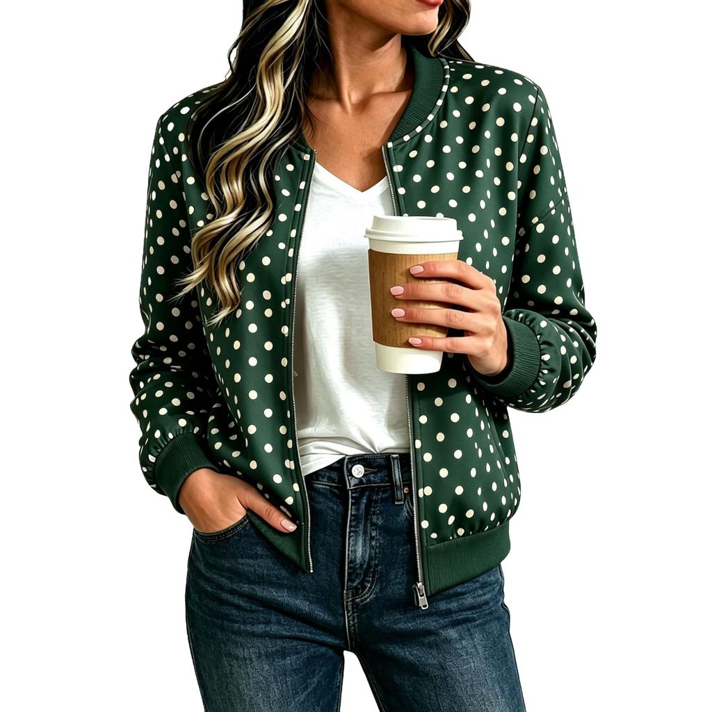 Women's Loose Fit Casual Zip-Up Jacket, Fashion Printed Short Coat for Fall and Winter