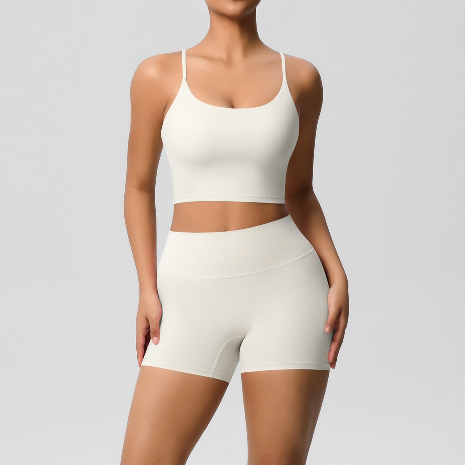 

Женская мода однотонный топ с открытой спиной облегающая дышащая одежда для йоги спортивная одежда для бега фитнеса шорты комплект M бежевый