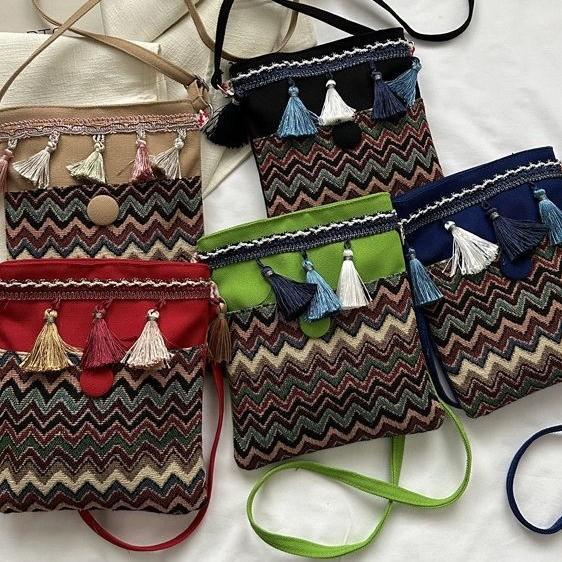 Ethnic Style Canvas Small Crossbody Bag With Wave Patterns And Decorative Tassels For Casual Outings