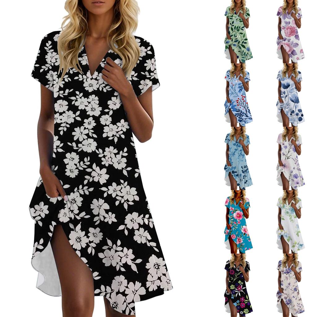 Women's Casual Fashion Stand Collar Floral Print Short Sleeve Dress