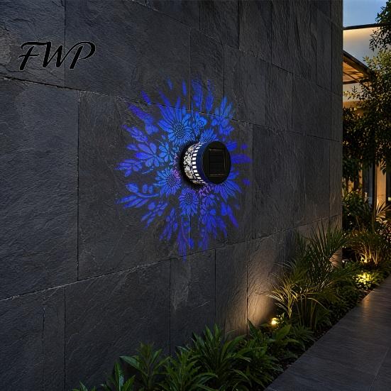 Metal Pattern Solar Lights Wall Light, 7 Color Changing Fence Outdoor Projection Seven LED Lamp, Waterproof Garden Lamp for Yard Patio Backyard Decor
