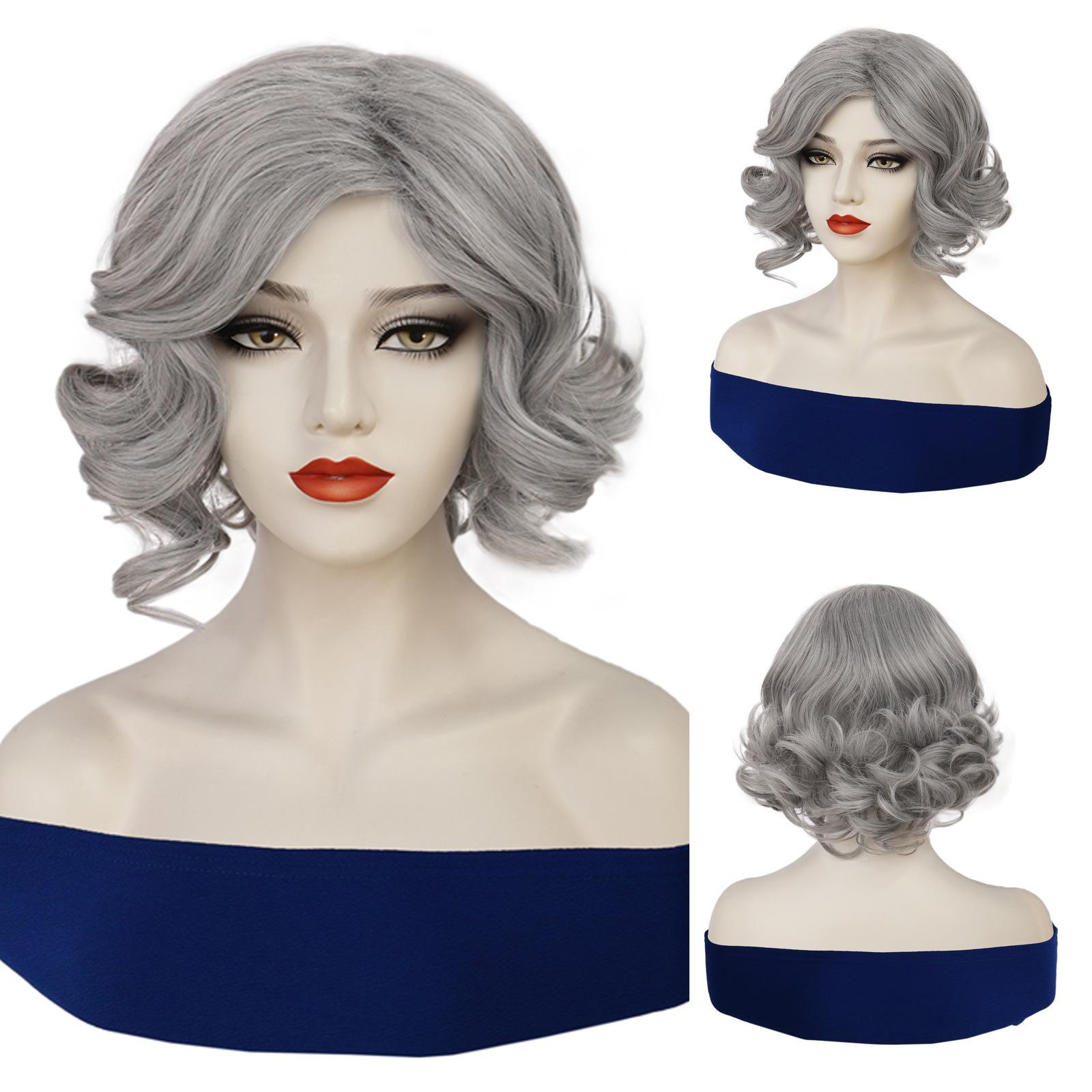 

Women Fashion Short Wigs Synthetic Curly Hair with Side Bangs Fluffy Gray Wigs for Lady Costume Daily Heat Resistant Fibre сірий колір