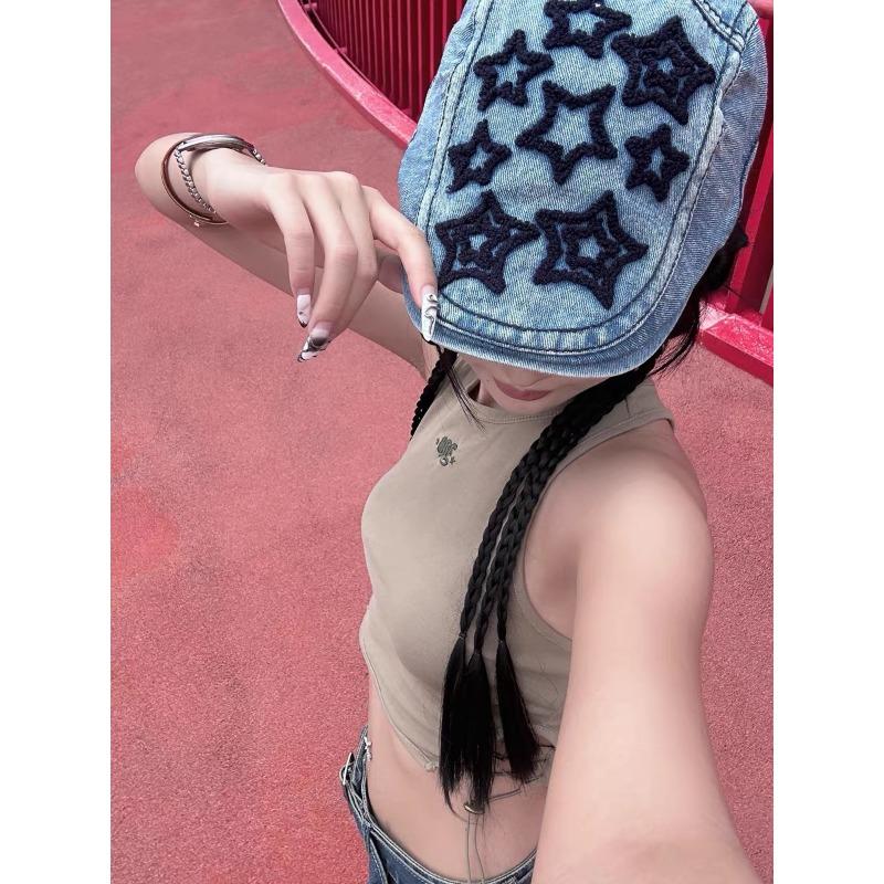 

Vintage star washed denim forward hat female versatile reverse beret big head circumference hat spring and autumn M（56-58cm）