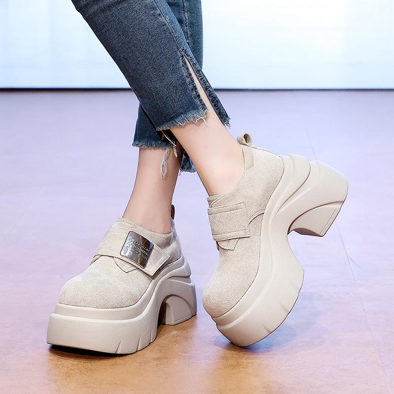 Fashion New 2025 Autumn 9CM High Heels Casual Leather Shoes Women Chunky Sneakers Comfortable Pumps High Platform Walking Shoes Woman