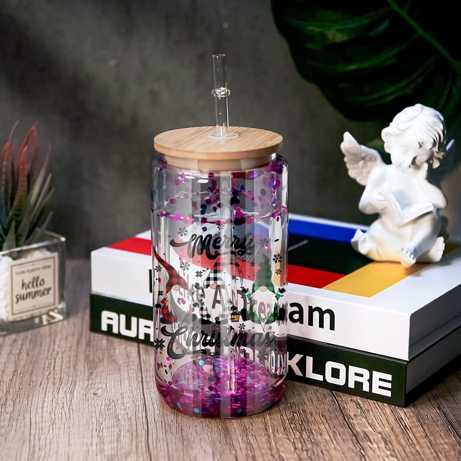 12oz 16oz 20oz Double-Layer Disposable Glass Cup Sublimation Coating PP Lid Bamboo Straw Hole Stopper Dishwasher Microwave Safe 16oz (12 inside, 16 outside) прозрачный