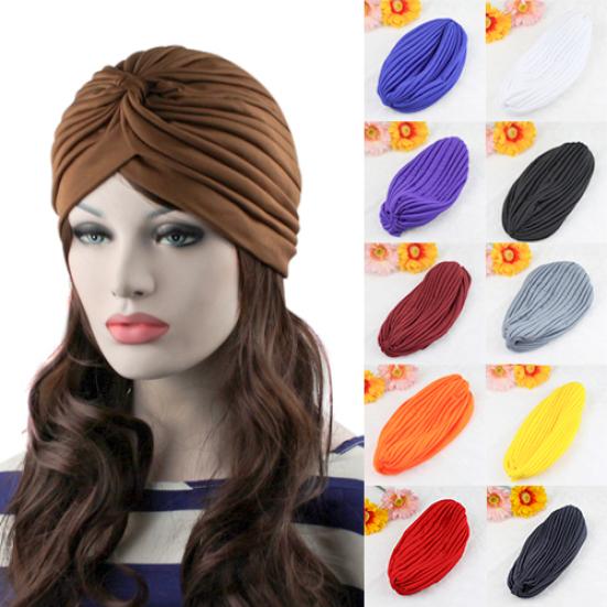 Modische Damen Indischer Stil Dehnbar Plissiert Turban Hut Kappe Kopfwickel Bandana