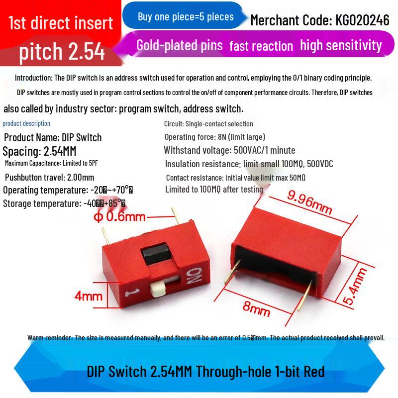 SMD DIP Switch, Flat Toggle, 2P 4-10 Positions, 2.54mm, Red/Blue/Black