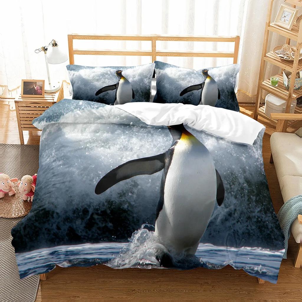 Cute Penguin Pattern Duvet Cover Set Cute Kawaii Animals For Boys Girls Bedroom Decor Polyester Comforter Cover King Queen Size