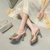 Rhinestone High Heels Slippers Women's Outer Wear Summer 2025 New Beautiful Thick Heel Sandals Crystal Transparent Cool Slippers