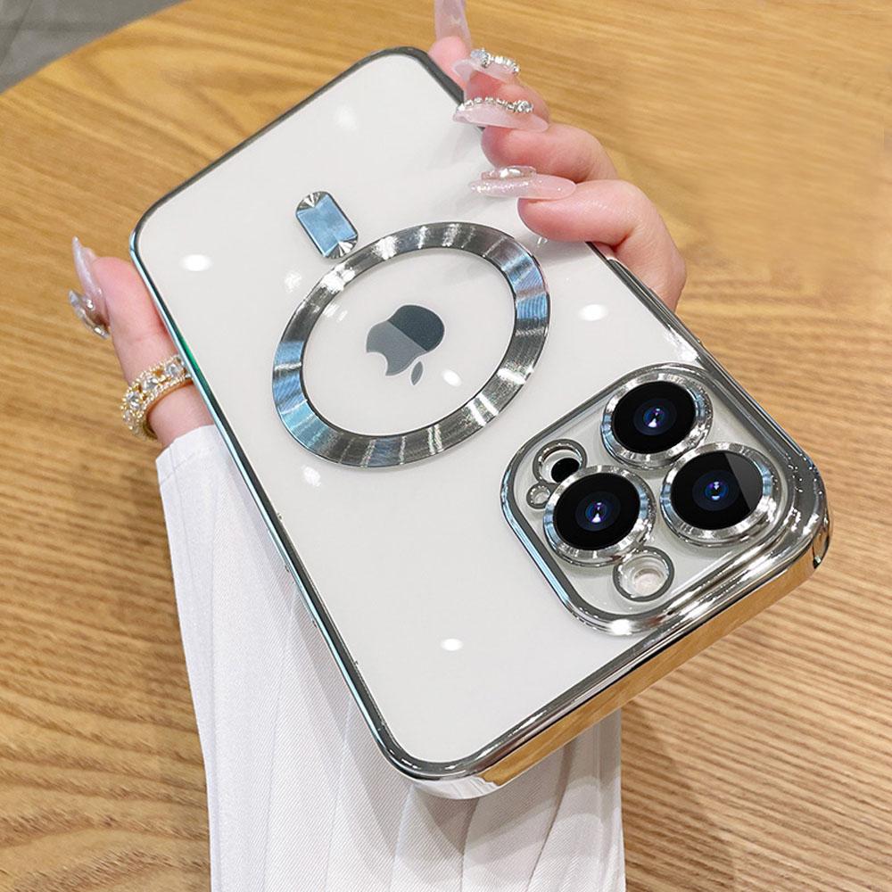 

Модный гальванический прозрачный чехол Magsafe для iPhone 15 14 13 12 11 Pro Max с беспроводной зарядкой, мягкий чехол с защитой объектива камеры. iPhone 15 Pro Max серебряный