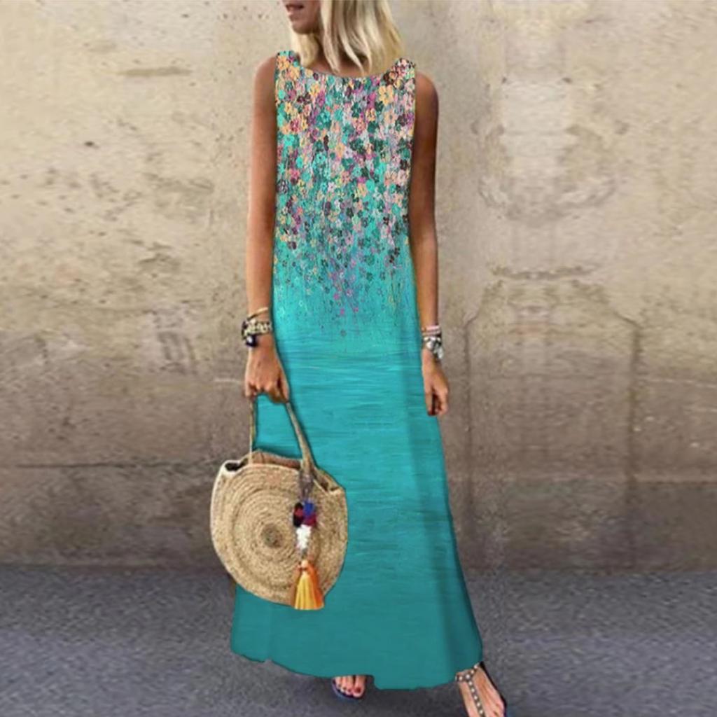 Women Boho Summer Sleeveless Sling Printed Casual Loose Long Dress