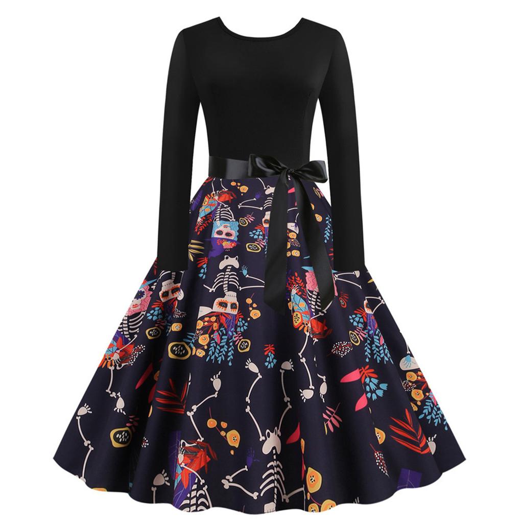 Dame Mote Trykk Langermet Rund Hals Casual Halloween Faldkjole