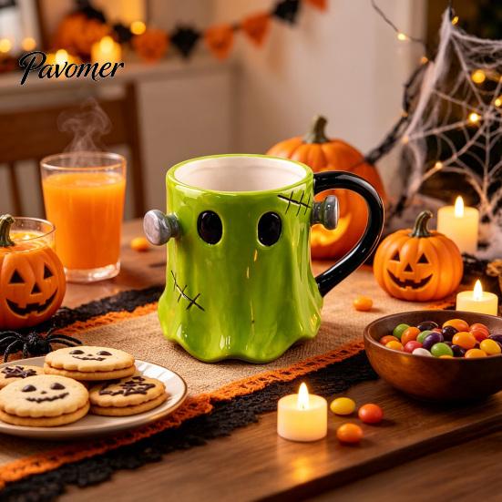 Halloween Party Mitgebsel Grüner Geist Keramik Wasserbecher mit Henkel, 3D Dekoration Tasse, Niedliches Schreibtischornament 490ml Fassungsvermögen, Kreatives Trinkgeschirr für den Schreibtisch