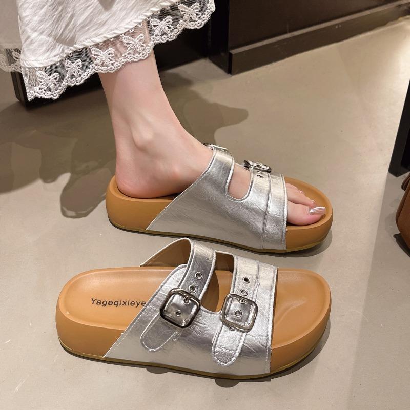 

Летняя мода, шлепанцы на платформе-маффине, женские новые, с металлической пряжкой, в стиле ретро, повседневные, пляжные сандалии 40 серебряный
