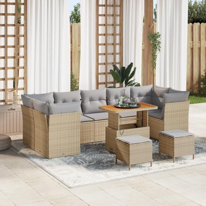 Set de canapé de jardin 10 pièces avec coussins beige poly rotin acacia, Set de salle à manger de jardin 3 pièces 3361472