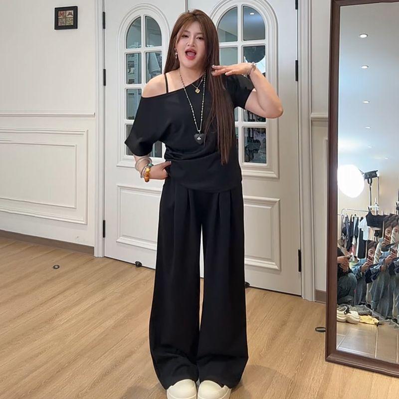 Women's Korean-Style Casual Summer Suit: One-Shoulder Top & Long Pants