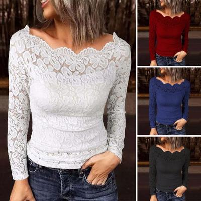 Shoulder Long Sleeve Tops Hollow Embroidery Lace Shirt Tops Slim Fit Solid Color Blouse Streetwear