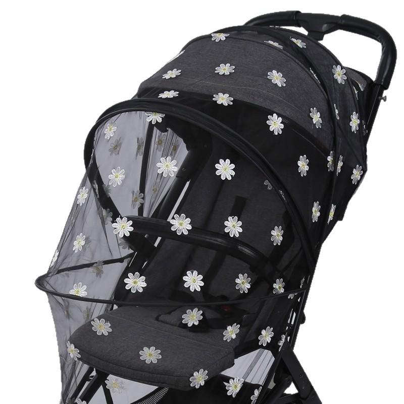 Universal Baby Stroller Mosquito Net with Zippered Embroidered Chrysanthemum Design