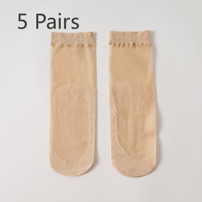 5 Pairs of Cotton-bottom Moisture-absorbing Silk Stockings - Summer Lightweight, Breathable Women's Solid-color Anti-slip Crystal Stockings