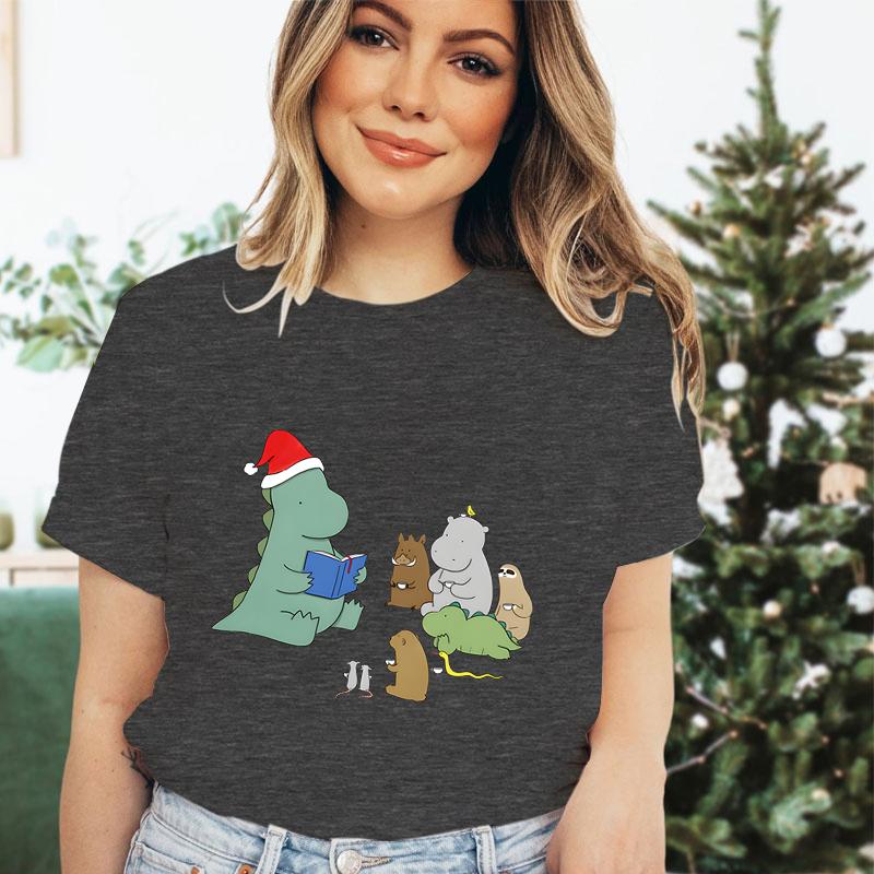 Christmas Cartoon Dinosaur Girls Clothing Crew Neck Funny Festive Premium Tshirt Cute Dinosaur Merry Christmas Gift Tshirts