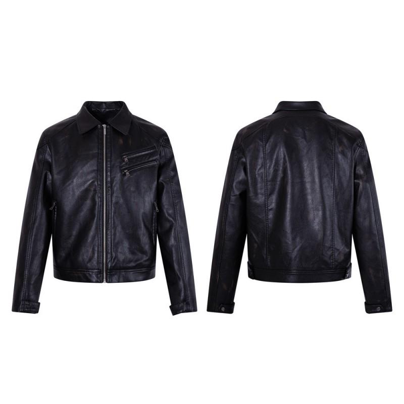 Mens Punk Style Faux Leather Jacket With Multiple Zippered Pockets Relaxed Fit Collar Coat Casual Wear