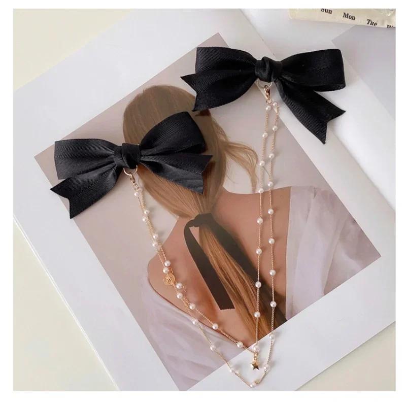 

Рождественские подарки Женские элегантные винтажные заколки для волос с бантом и жемчужной цепочкой, милое украшение для волос, повязка на голову, заколки для волос для женщин 1