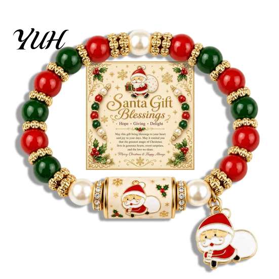 Alloy Beaded Jewelry for Christmas Bracelet, Elastic Stretch Bracelet with Xmas Holiday Collection Tree Charm, Gifts Women Men Festive Santa