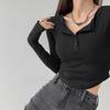 Women's Blouse Long-sleeved T-shirt Spring and Autumn Half-open Collar Solid Colour Bottoming Shirt Slim Spice Girls Short Tops