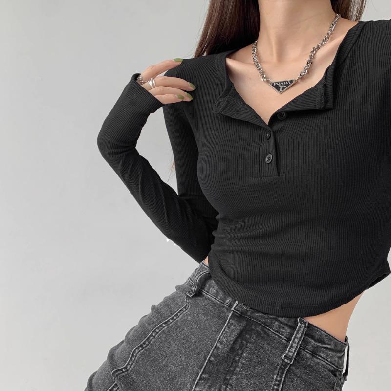 Women's Blouse Long-sleeved T-shirt Spring and Autumn Half-open Collar Solid Colour Bottoming Shirt Slim Spice Girls Short Tops