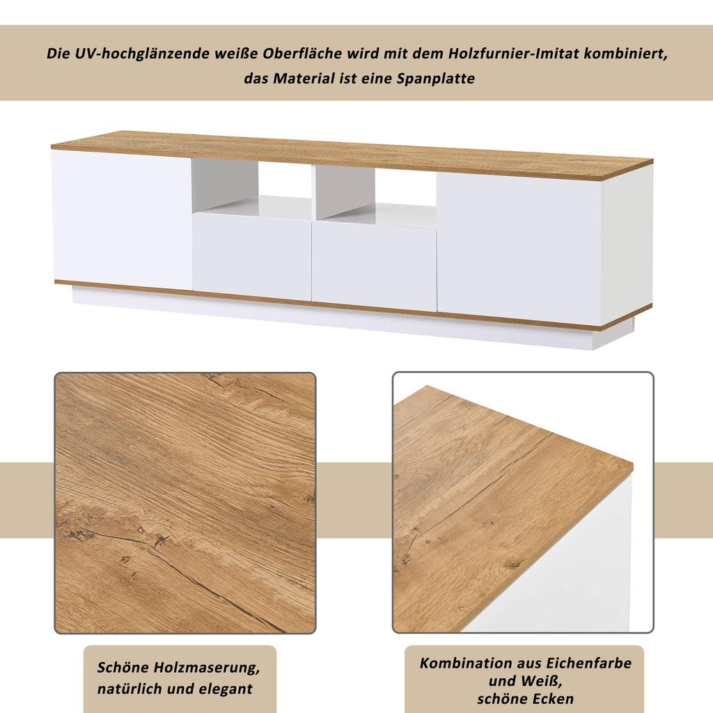 TV Lowboard 180cm Breite LED Beleuchtung, Moderner TV Schrank 2 Schließfach 4 offenes Regal, Wohnzimmer Esszimmer, Weiß & Eiche, 180 x 40 x 50 cm