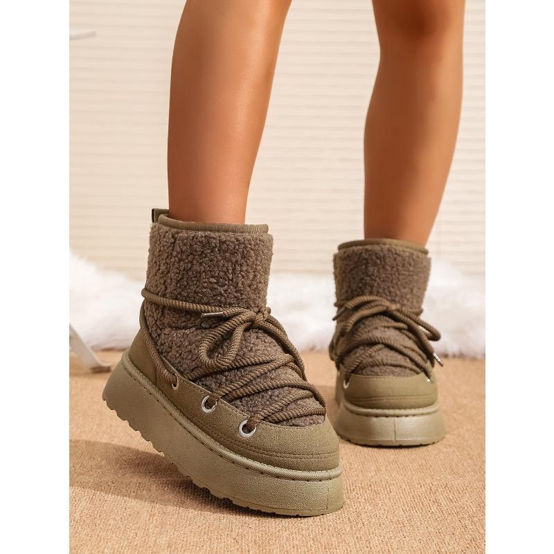 Women's New Winter Fleece Lined Thickened Elevated Chunky Sole Lace Up Fashionable Warm Cotton Boots