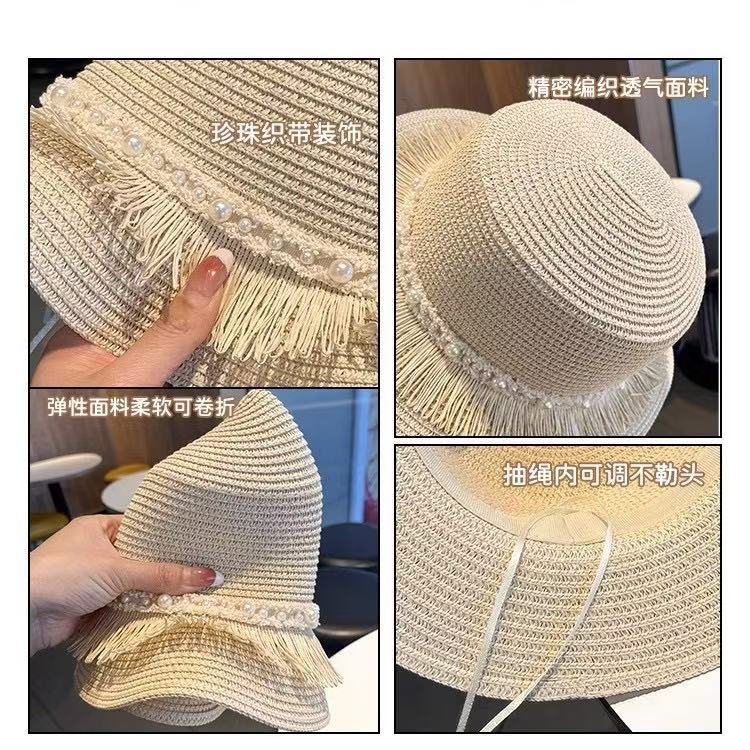 Spring and summer women's new outdoor sun hat big brim pearl flat top straw hat beach vacation sun protection straw hat