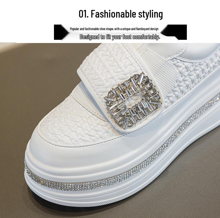 2025 Autumn Women's Rhinestone Sneakers - Petite Height Boost, Magic Tape Closure, Casual Trendy Thick Sole, White