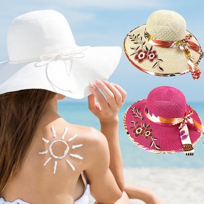 Chapéus Femininos Chapéus de Sol de Verão Chapéus de Sol para a Costa Chapéus de Palha Bordados de Aba Larga Chapéus de Sol Femininos