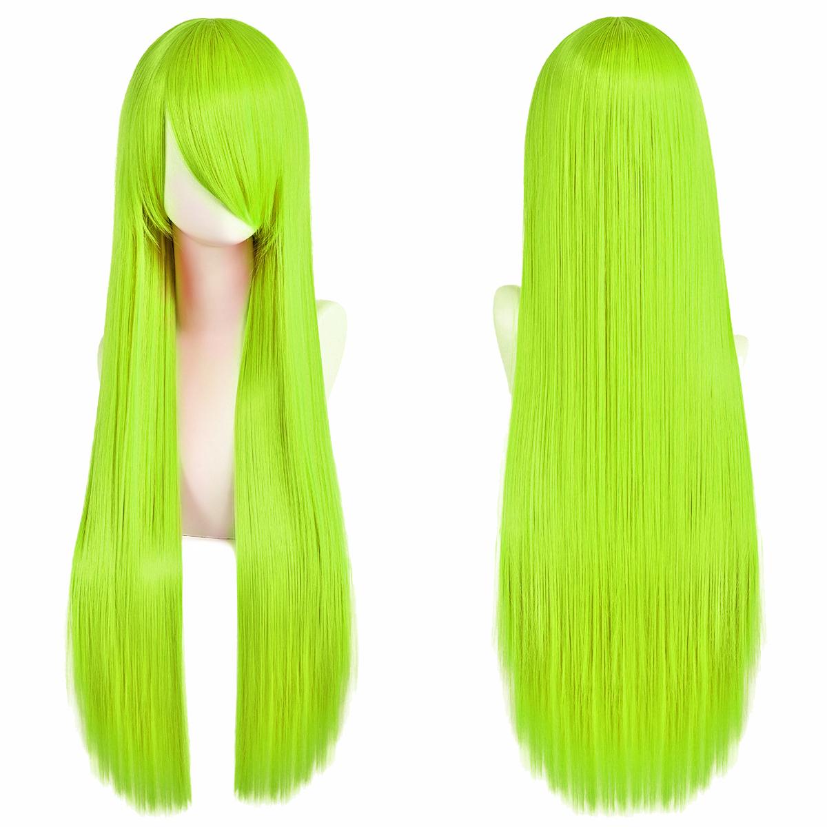 80cm Długie Syntetyczne Białe Fioletowe Peruki Cosplay Zielone Włosy Proste Srebrna Peruka Różny Włos Lolita Peruka z Grzywką Fluorescent Green-32inches yellow