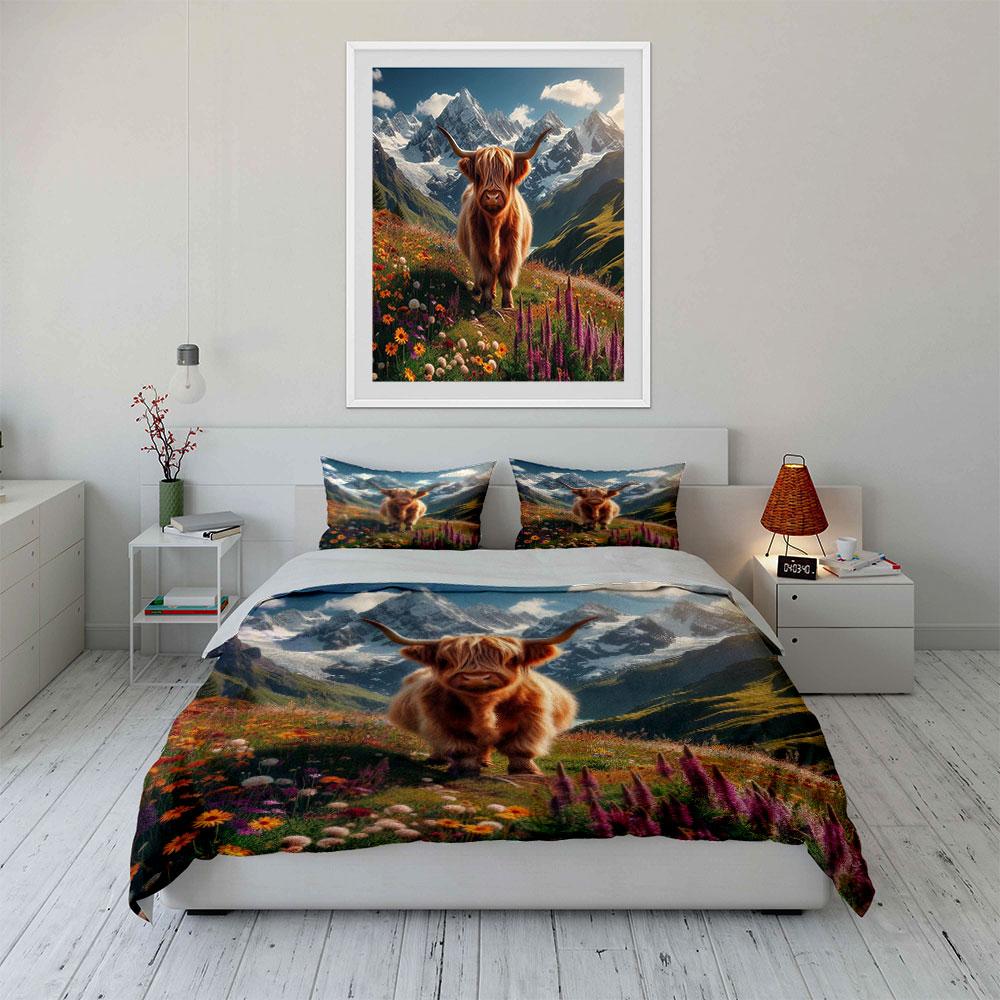 Highland Cow Landscape Decoration Set Soft Skin-Friendly Bedding Set Includes 1 Duvet Cover And 2 Pillowcase Gift