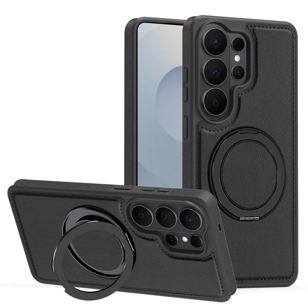 For Samsung Galaxy S26 Ultra Magnetic Case with Ring Kickstand PU Leather Back Cover