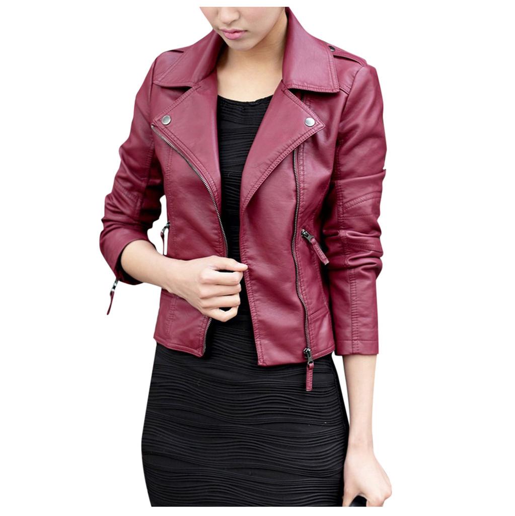 Trendy Women Leather Zipper Jacket Slim Biker Motorcycle Coat Punk Outwear