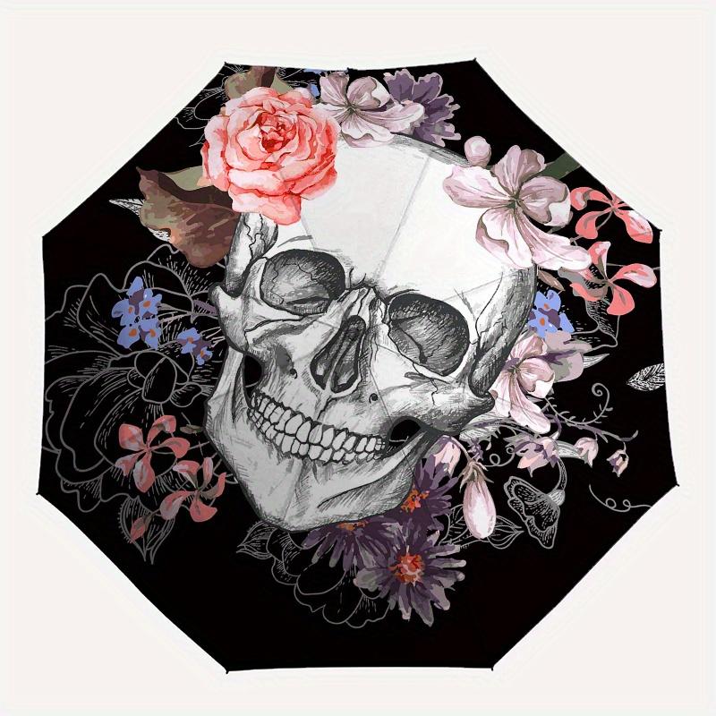 Florale Schädelkunst: Einzigartige Wanddekoration für Ihren RaumRegenschirm, Tragbarer 3-fach Regenschirm für Damen & Herren, Weihnachtsgeschenk ES296