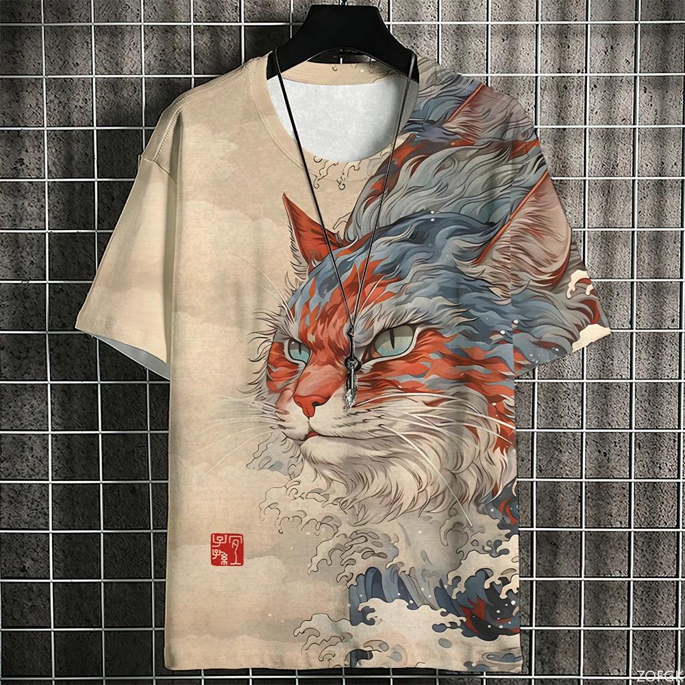 Japanese Samurai Cat Men Summer Fashion Short Sleeve 3d Printed Cartoon Clothing Anime