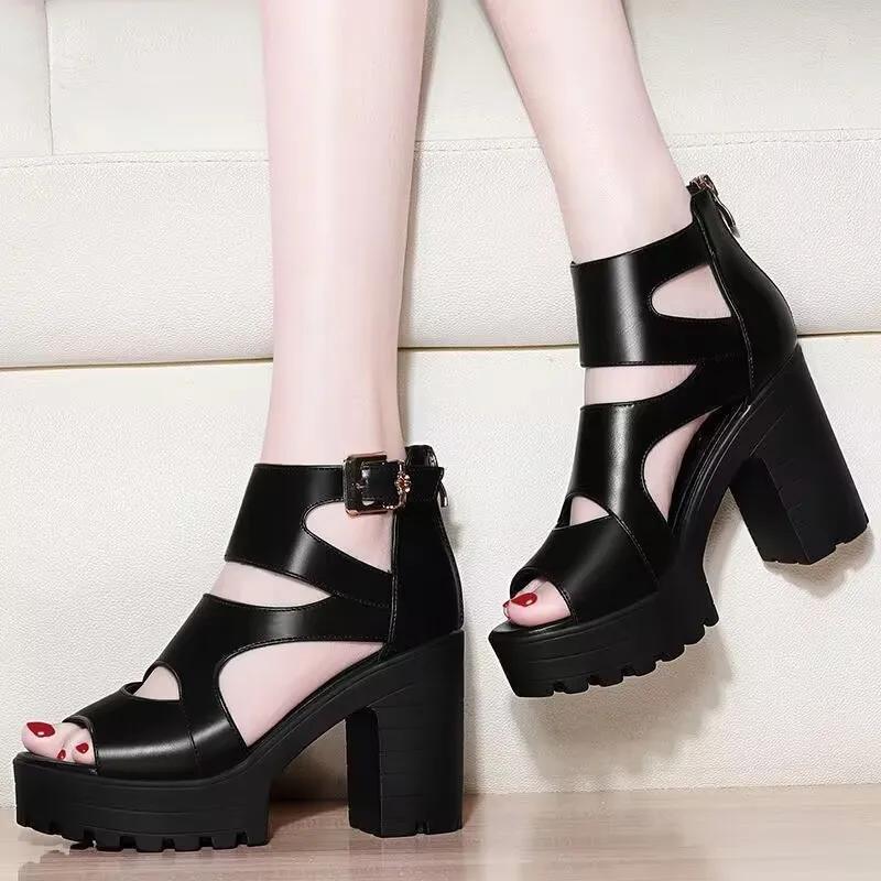 Fashion High Heels Sandalias De Mujer Thick Soles Wedges Hollow Out Roman Sandales Shoes Black Peep Toe Female Summer Footwear Slides