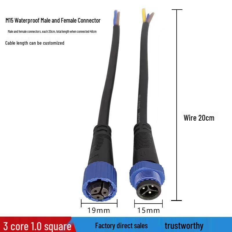 M15 IP65 Waterproof Automotive Connector Cable, 2P/3P/4P/5P LED Power Supply, Male-Female Connector