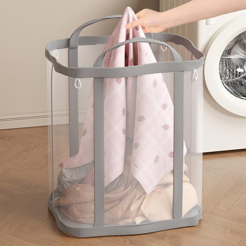 Nylon Mesh Laundry Basket With Handle Breathable Folding Portable Dirty Clothes Organizer Bags Large Capacity Toys Storage Bag