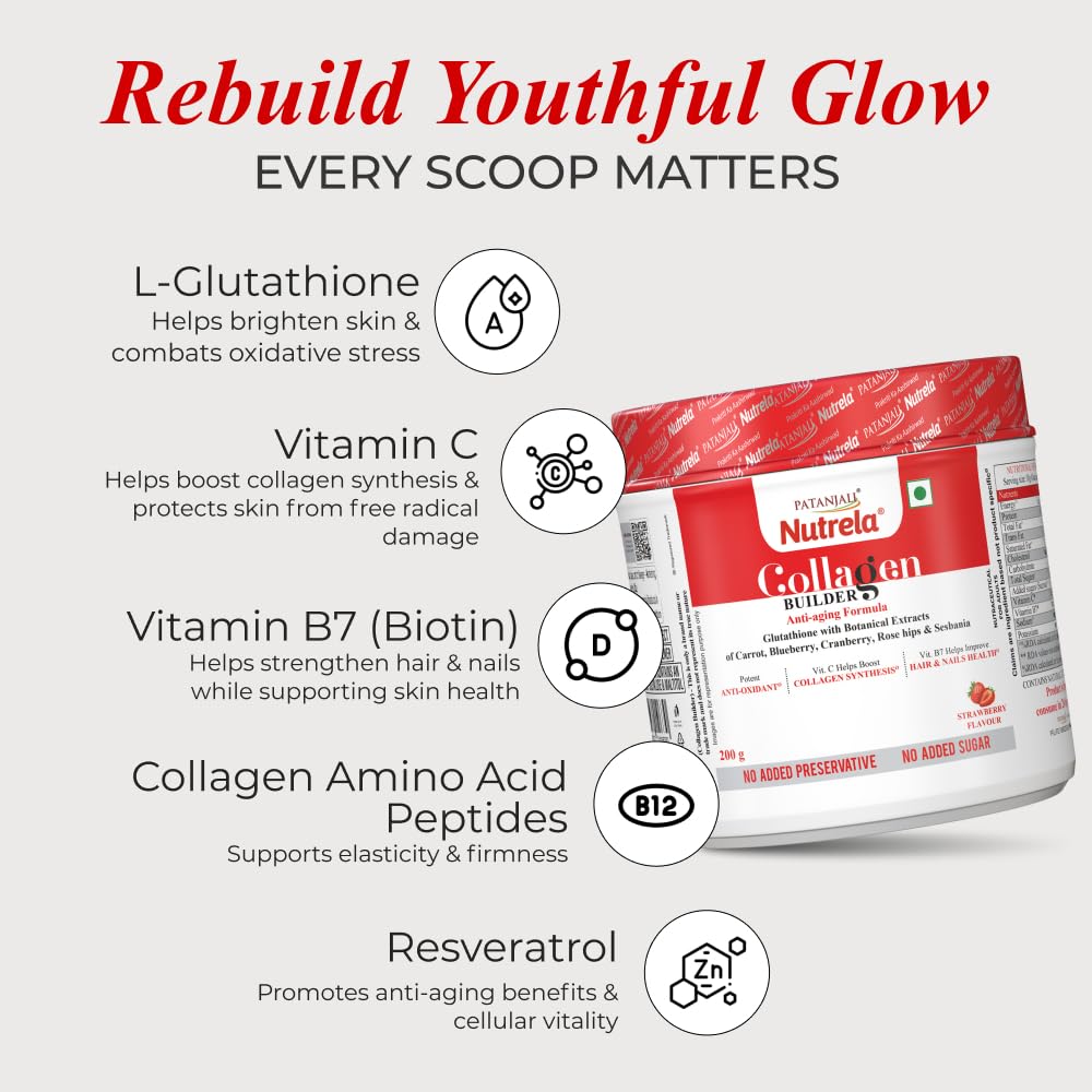 Nutrela Collagen Builder Powder Strawberry Flavor 200 G For Skin Hair Nails Support Supplement For Men Women 20 Servings